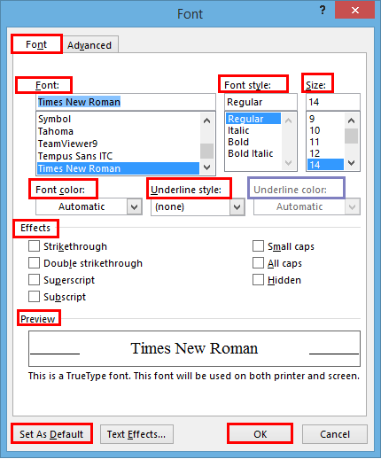 Instructions for setting the default font in Microsoft Word